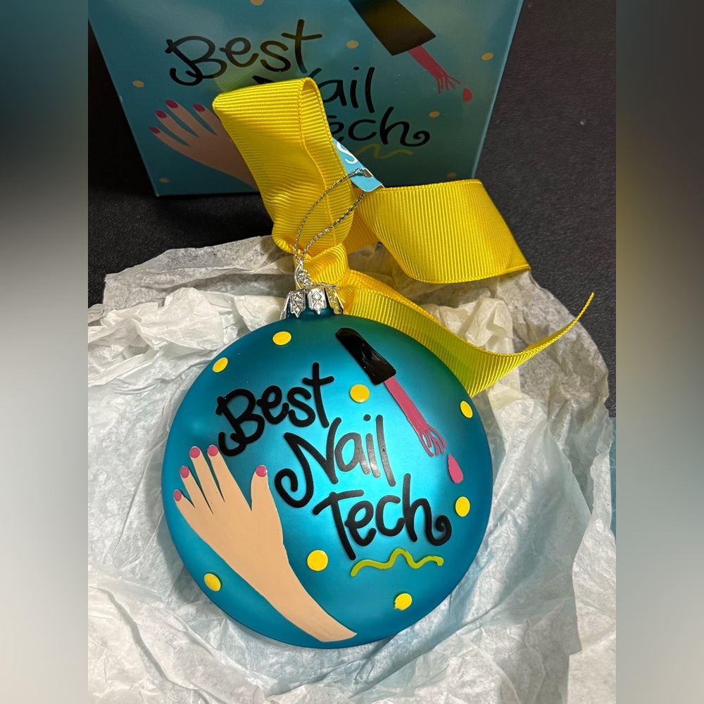 Best Nail Tech Christmas Ornament - Turquoise Blue with Yellow Bow